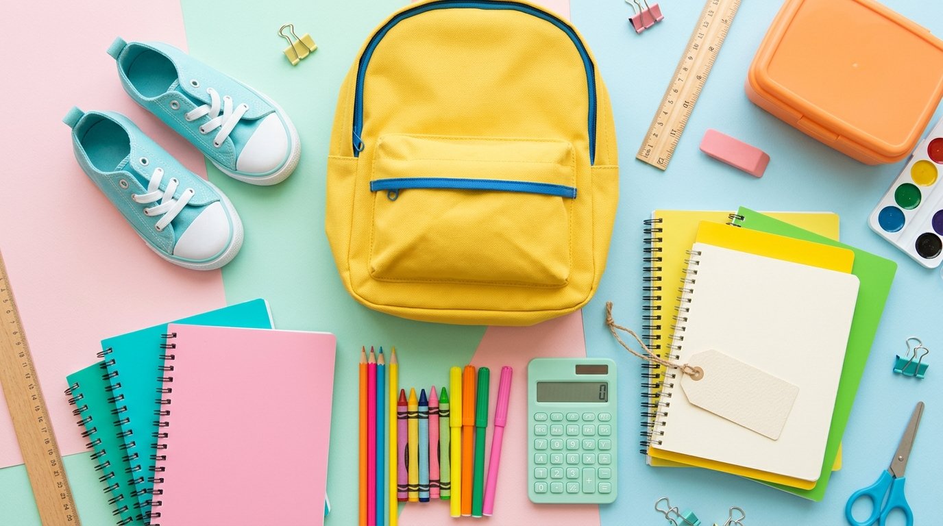 Tax-free weekend 2026 back-to-school shopping flat-lay with supplies, backpack and shoes