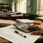 Government employee reviewing a July 2026 salary slip with a calculator