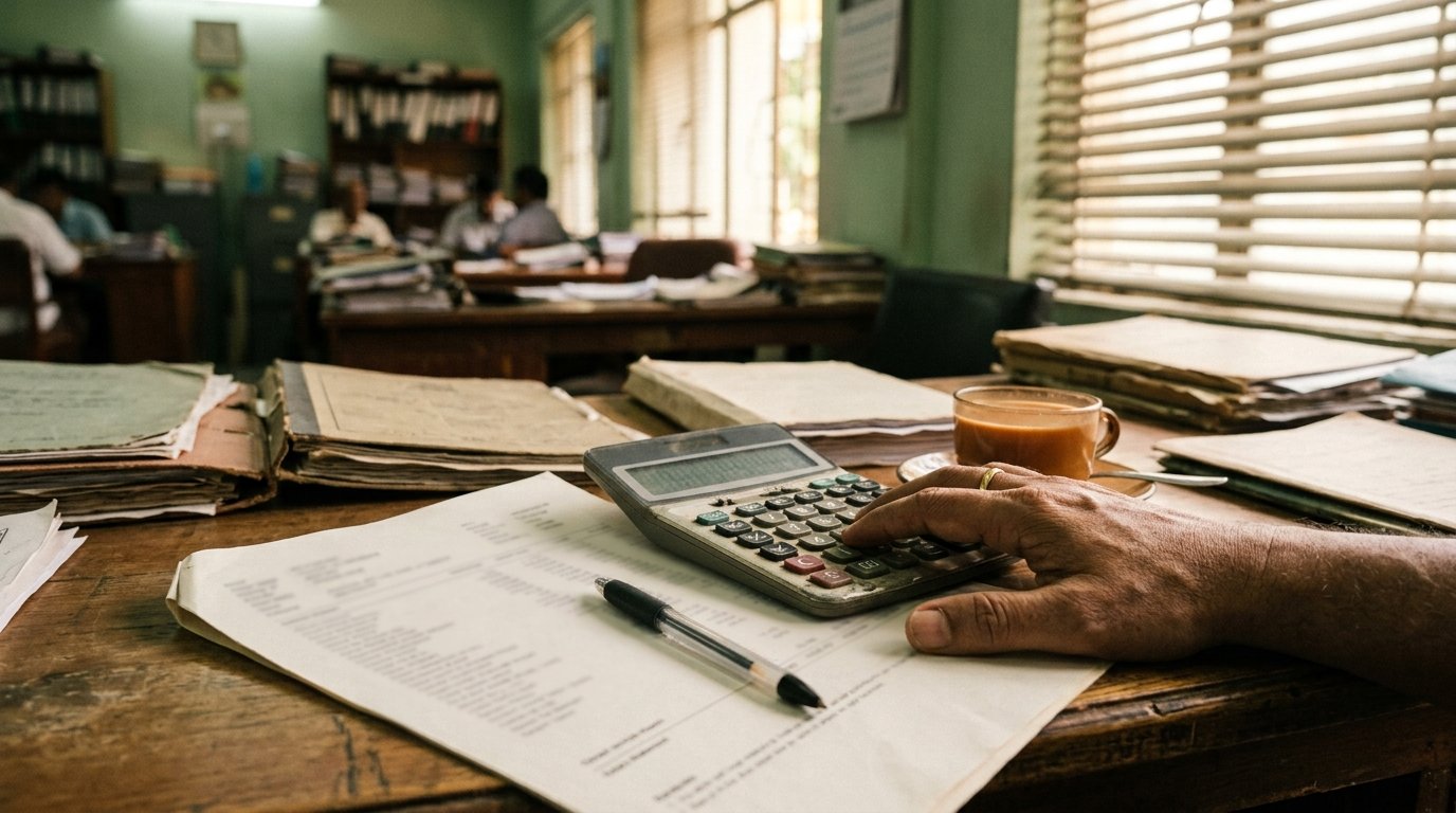 Government employee reviewing a July 2026 salary slip with a calculator