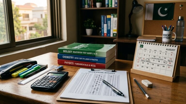 MDCAT 2026 preparation study desk with books and exam date
