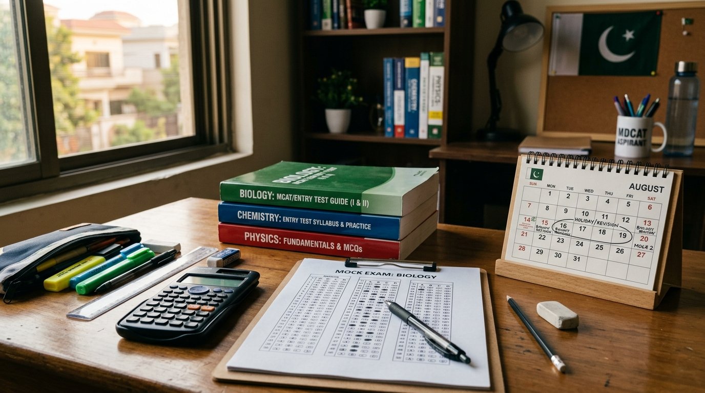 MDCAT 2026 preparation study desk with books and exam date
