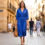Cobalt blue dress outfit ideas 2026 — woman in cobalt blue midi dress with nude heels