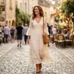 Boho outfit ideas 2026 — woman in a cream tiered maxi dress with suede bag and gold jewellery