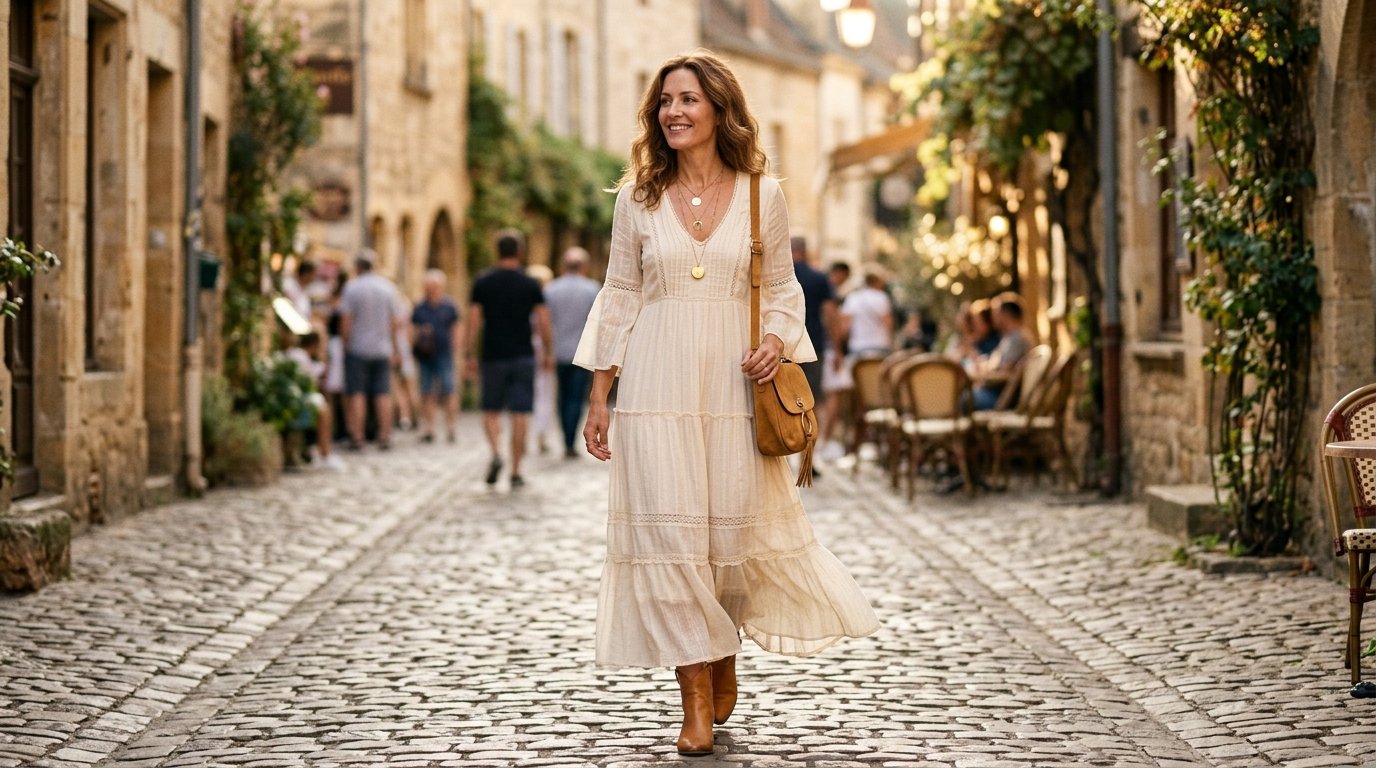 Boho outfit ideas 2026 — woman in a cream tiered maxi dress with suede bag and gold jewellery