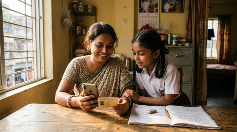 Mother checking Benazir Taleemi Wazaifa 2026 stipend details for her school-going child