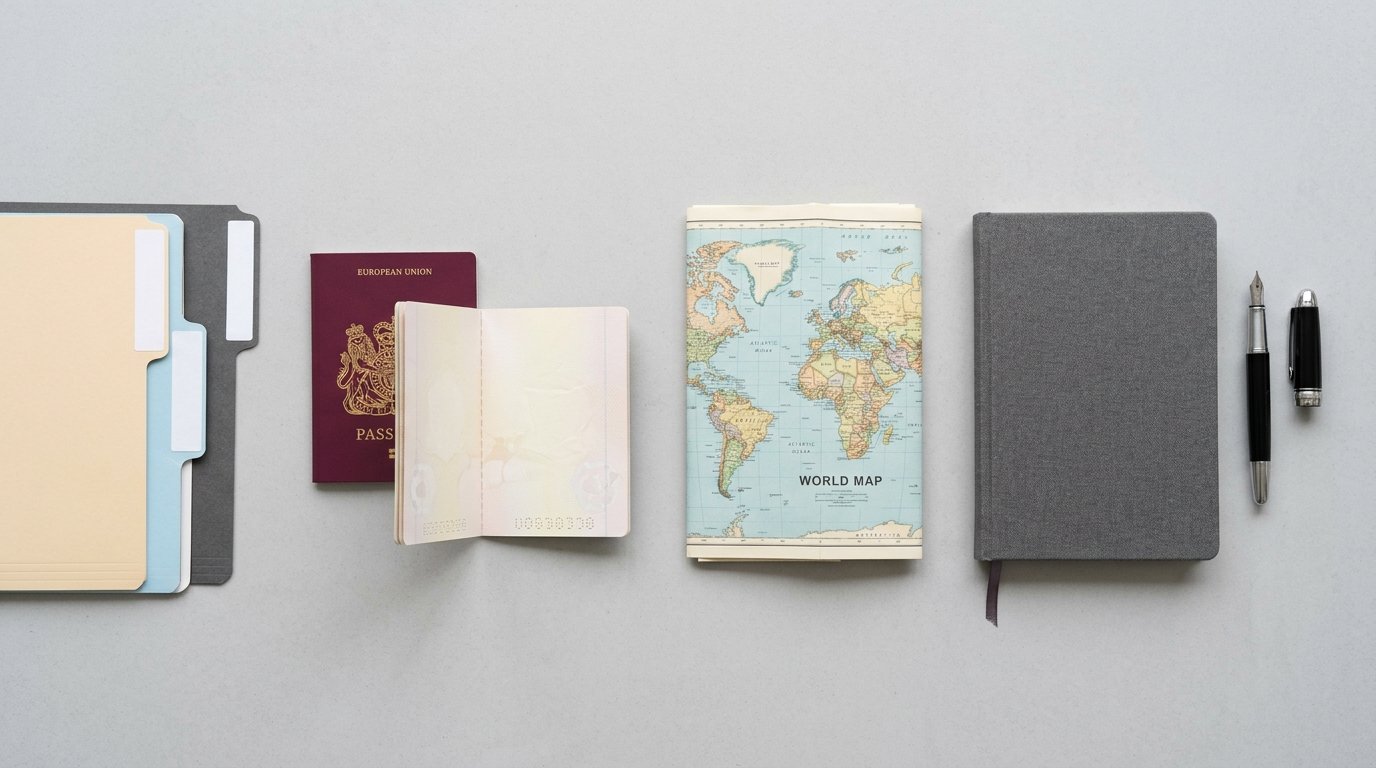 Passport, map and document folders laid out while planning government scholarships 2026 applications