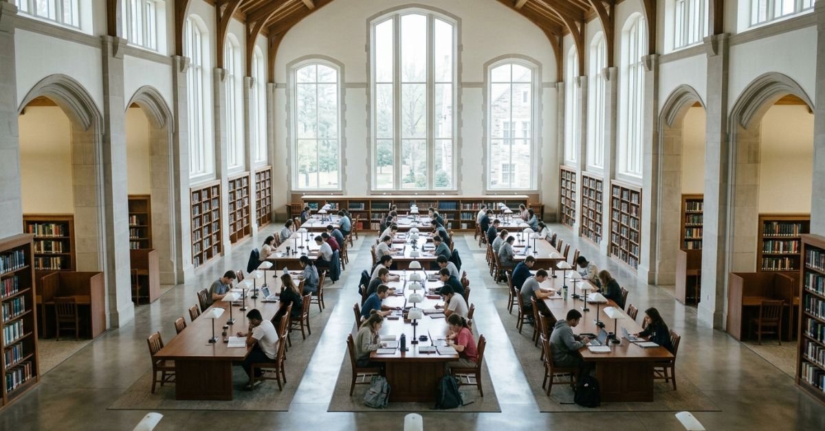Students studying in a public reading room, illustrating gov scheme educational news for readers worldwide