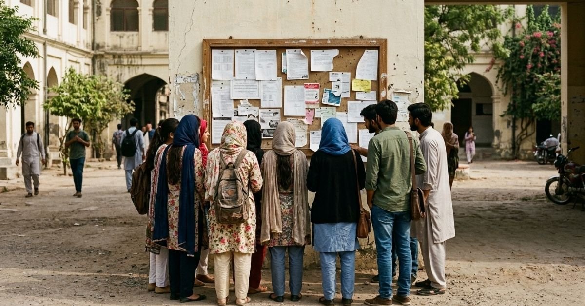 Students at a college noticeboard awaiting the Punjab board 9th class result 2026
