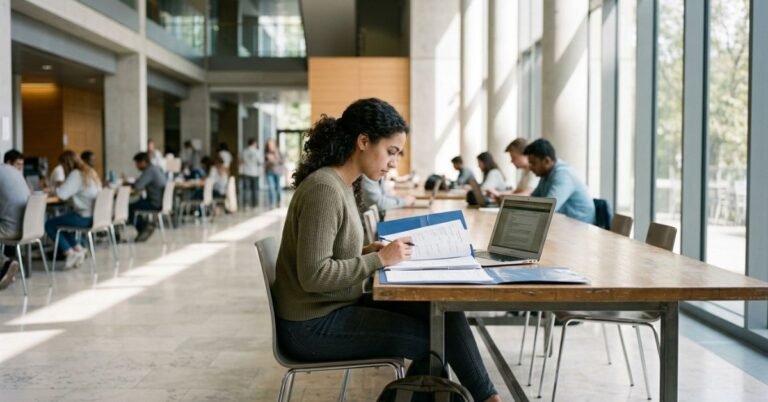 Student preparing a government scholarship scheme 2026 application in a university administration hall