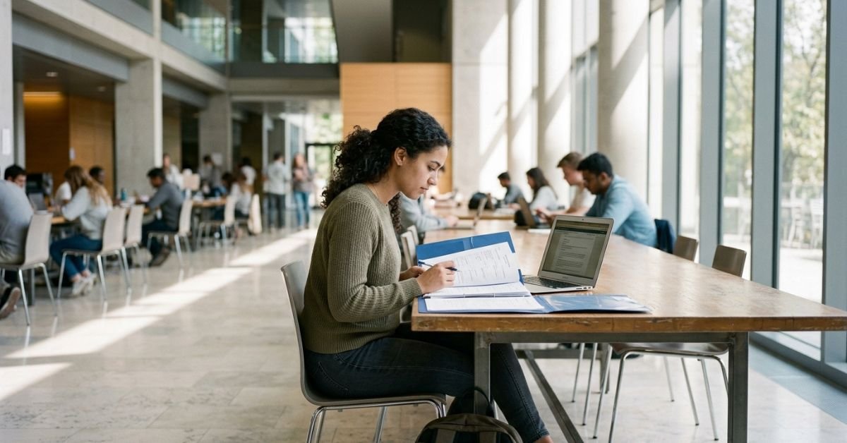 Student preparing a government scholarship scheme 2026 application in a university administration hall