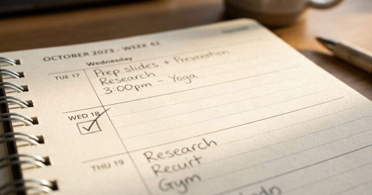 Handwritten weekly planner showing how to make a study timetable with ticked blocks