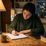 Student writing recall notes with a closed laptop nearby while learning how to study with AI