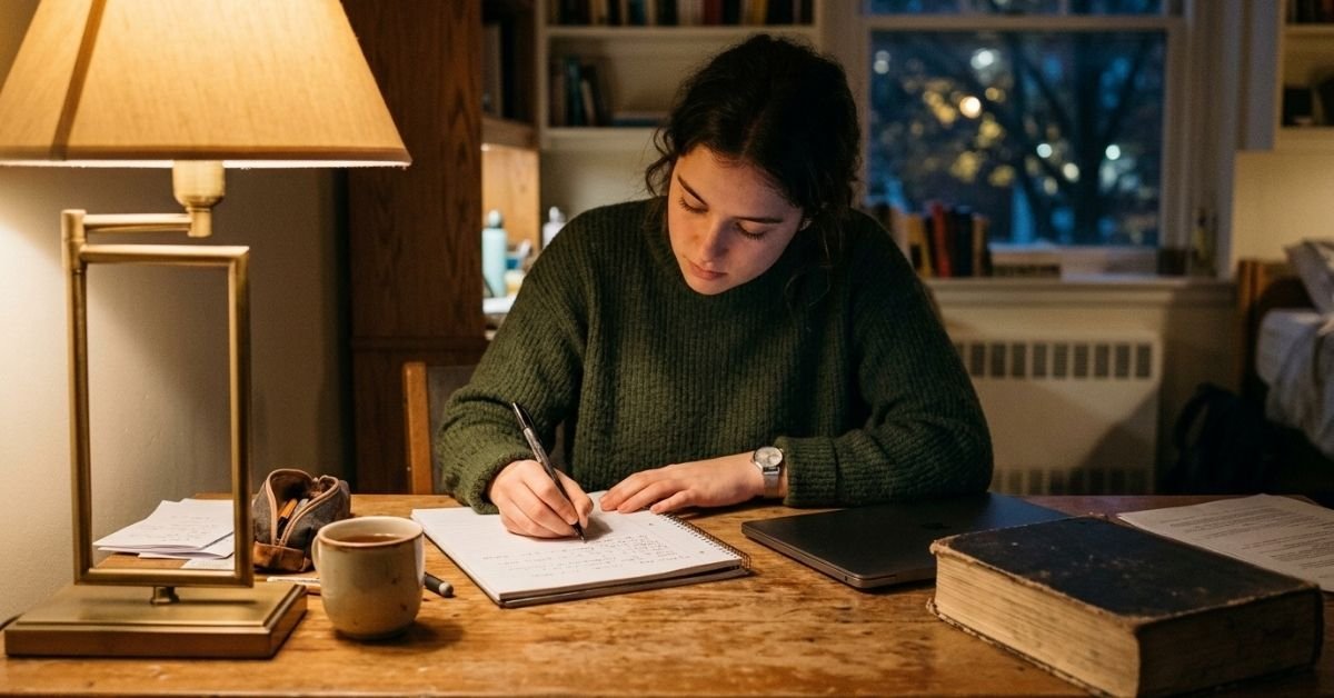Student writing recall notes with a closed laptop nearby while learning how to study with AI