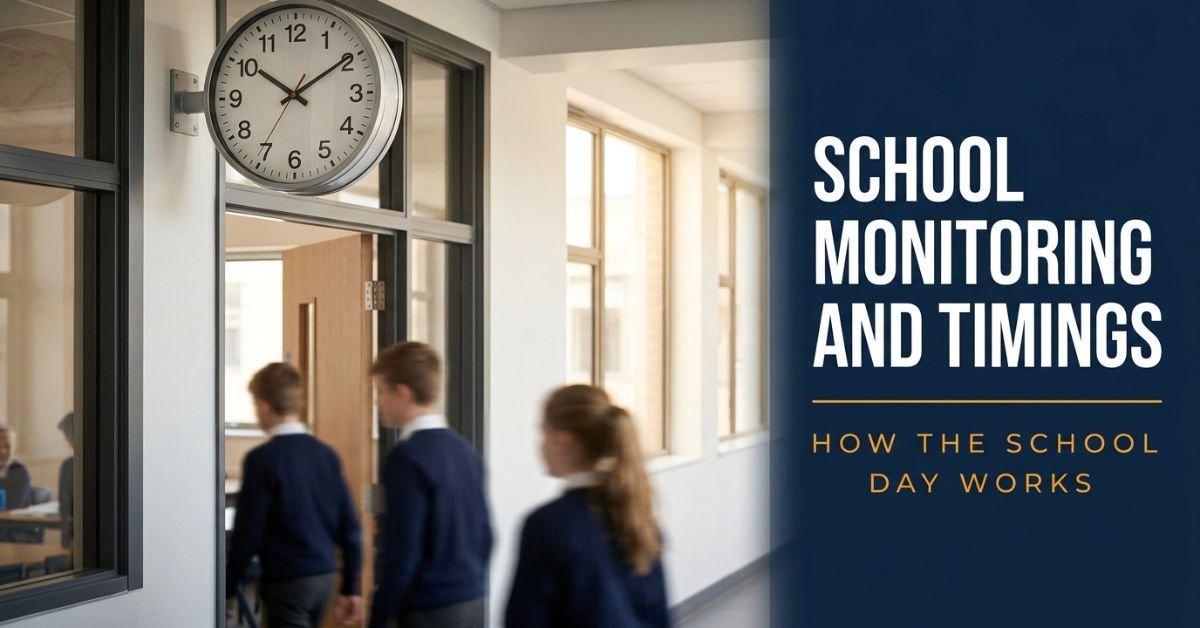 School monitoring and timings explained — school corridor clock and classroom entrance