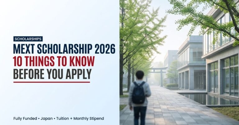 MEXT Scholarship 2026 guide banner showing a Japanese university campus