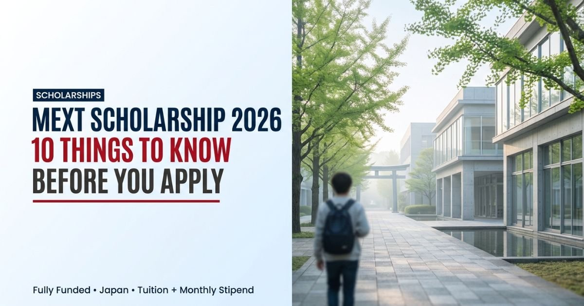 MEXT Scholarship 2026 guide banner showing a Japanese university campus