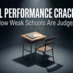 School Performance Crackdown featured image showing an empty desk under a spotlight
