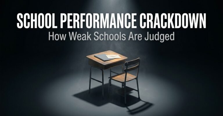 School Performance Crackdown featured image showing an empty desk under a spotlight