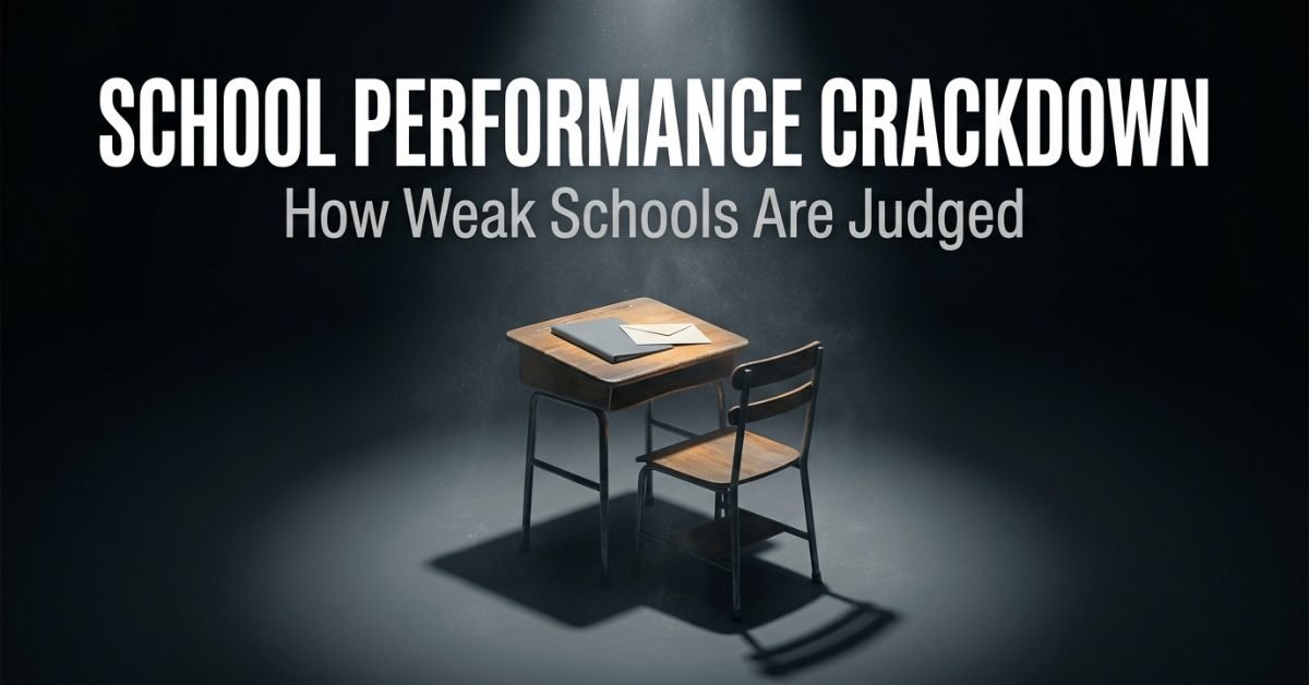 School Performance Crackdown featured image showing an empty desk under a spotlight