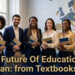 Teacher and students consider the future of education in Pakistan with a textbook and digital learning tool