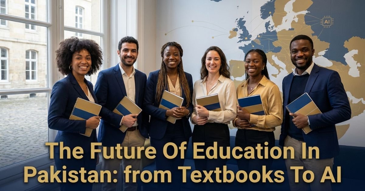 Teacher and students consider the future of education in Pakistan with a textbook and digital learning tool