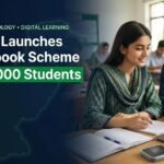 Show two fictional Pakistani students, one male and one female, wearing modest everyday clothing, studying with a modern unbranded Chromebook in a bright classroom. Include notebooks and a small portable Wi-Fi device on the desk. Use natural daylight, realistic facial features, anatomically accurate hands, crisp detail and a professional green, white and navy colour palette. Place the students and laptop on the right half. Keep the left half clean with a dark navy gradient for highly readable typography. Add a subtle Pakistan map outline in the background. Render this exact headline prominently: “Pakistan Launches Chromebook Scheme” Below it, add a large highlighted line: “For 500,000 Students” Add a small supporting label: “Education • Technology • Digital Learning” Add a discreet bottom-corner label: “Concept Illustration” Use bold, clean sans-serif typography, excellent contrast, generous spacing and safe margins. Ensure all text is spelled correctly and readable on mobile screens. Keep the composition polished, informative and uncluttered.