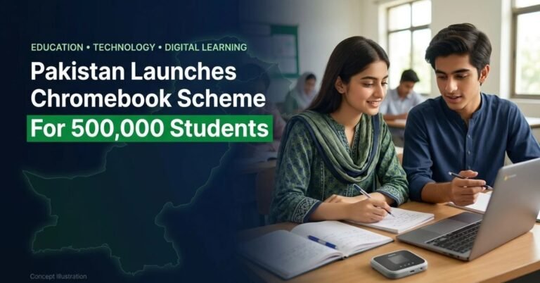Show two fictional Pakistani students, one male and one female, wearing modest everyday clothing, studying with a modern unbranded Chromebook in a bright classroom. Include notebooks and a small portable Wi-Fi device on the desk. Use natural daylight, realistic facial features, anatomically accurate hands, crisp detail and a professional green, white and navy colour palette. Place the students and laptop on the right half. Keep the left half clean with a dark navy gradient for highly readable typography. Add a subtle Pakistan map outline in the background. Render this exact headline prominently: “Pakistan Launches Chromebook Scheme” Below it, add a large highlighted line: “For 500,000 Students” Add a small supporting label: “Education • Technology • Digital Learning” Add a discreet bottom-corner label: “Concept Illustration” Use bold, clean sans-serif typography, excellent contrast, generous spacing and safe margins. Ensure all text is spelled correctly and readable on mobile screens. Keep the composition polished, informative and uncluttered.
