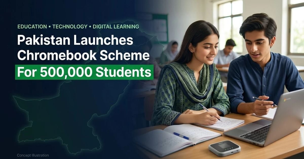 Show two fictional Pakistani students, one male and one female, wearing modest everyday clothing, studying with a modern unbranded Chromebook in a bright classroom. Include notebooks and a small portable Wi-Fi device on the desk. Use natural daylight, realistic facial features, anatomically accurate hands, crisp detail and a professional green, white and navy colour palette. Place the students and laptop on the right half. Keep the left half clean with a dark navy gradient for highly readable typography. Add a subtle Pakistan map outline in the background. Render this exact headline prominently: “Pakistan Launches Chromebook Scheme” Below it, add a large highlighted line: “For 500,000 Students” Add a small supporting label: “Education • Technology • Digital Learning” Add a discreet bottom-corner label: “Concept Illustration” Use bold, clean sans-serif typography, excellent contrast, generous spacing and safe margins. Ensure all text is spelled correctly and readable on mobile screens. Keep the composition polished, informative and uncluttered.