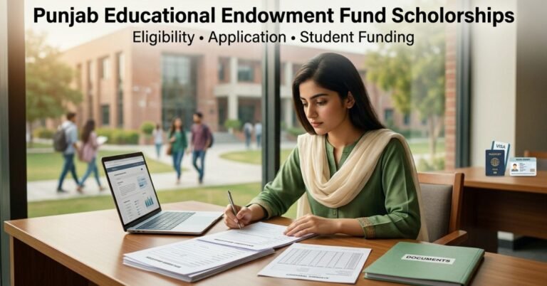 Student reviewing Punjab Educational Endowment Fund scholarship application papers