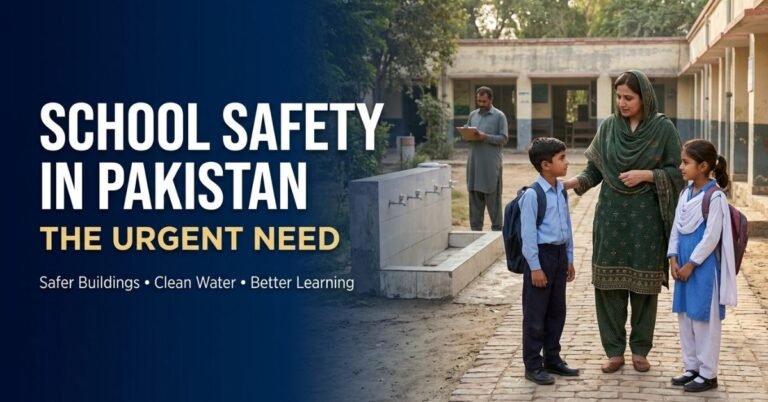 Illustrative courtyard representing school safety in Pakistan through maintained facilities and clear access.