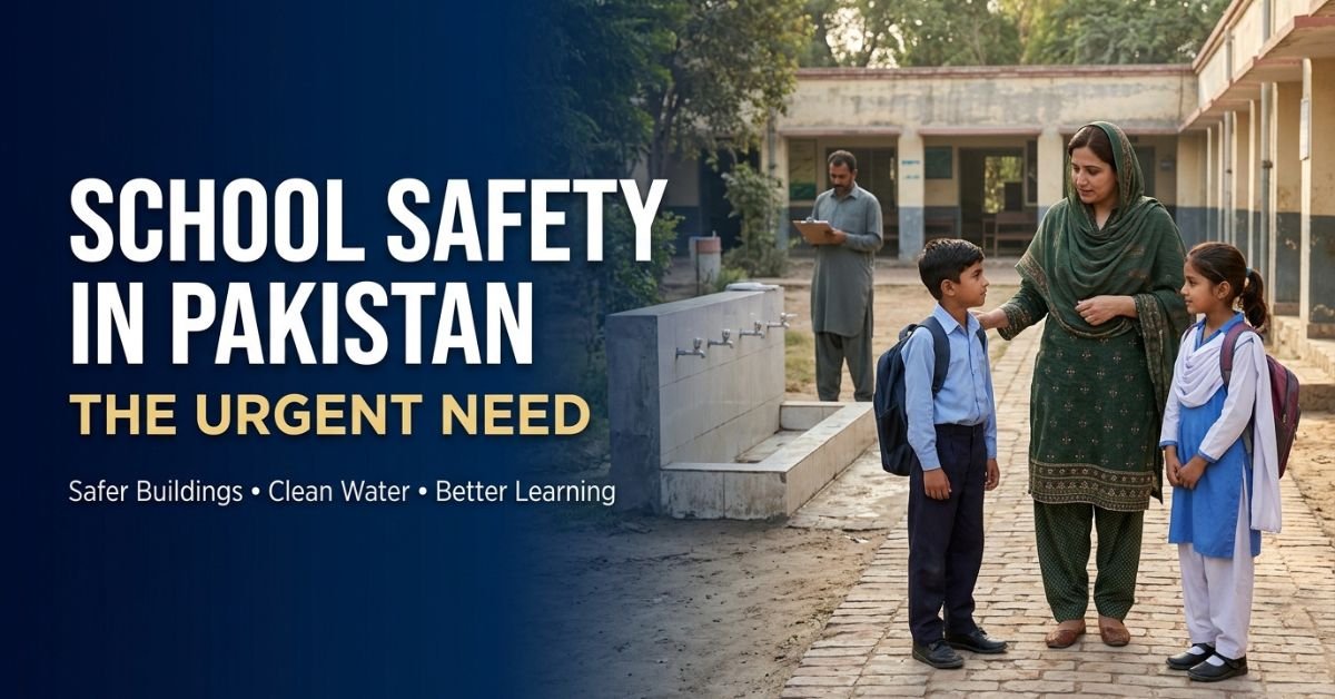 Illustrative courtyard representing school safety in Pakistan through maintained facilities and clear access.